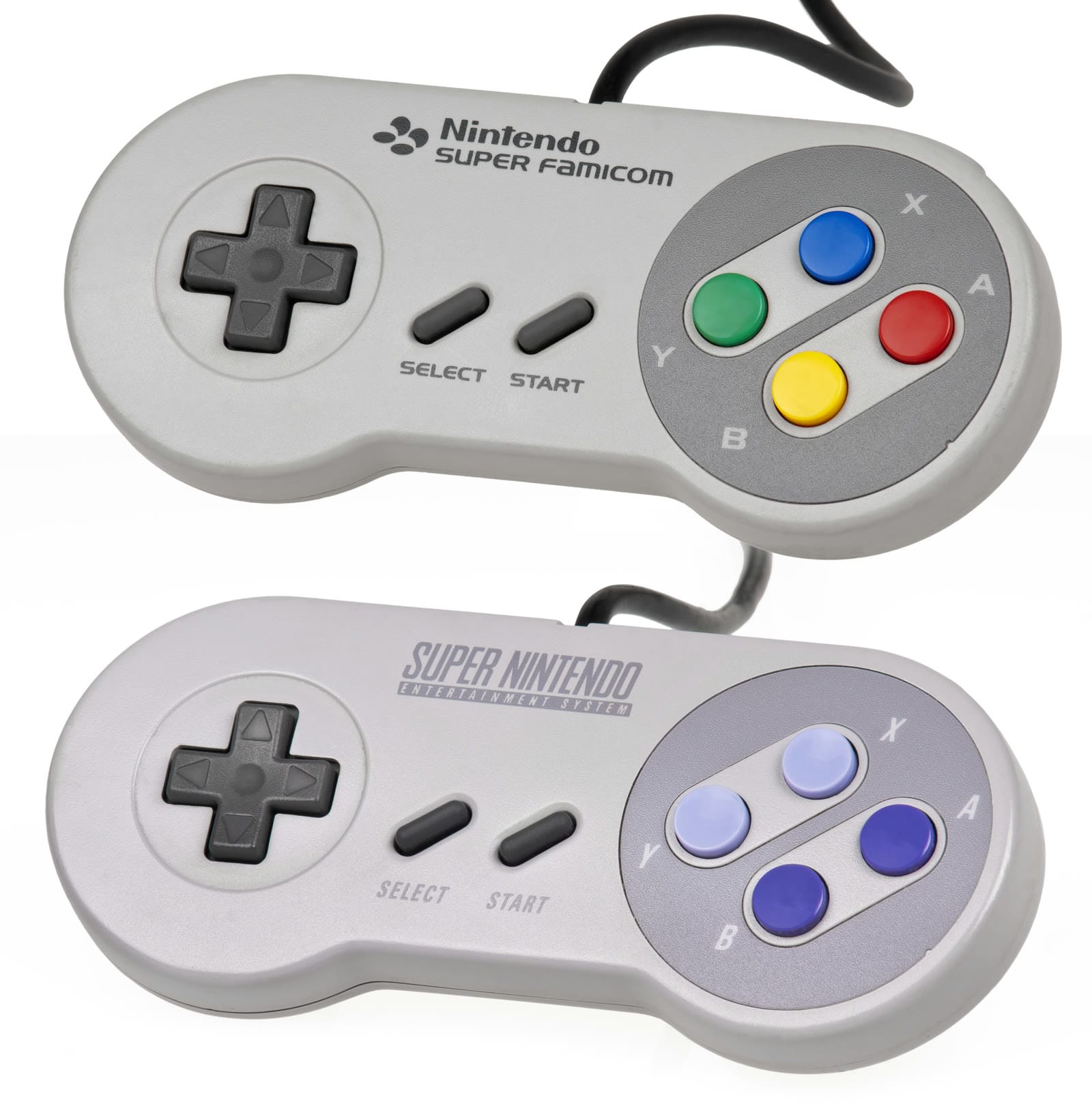 Super Famicom controller with coloured buttons above a North American SNES controller