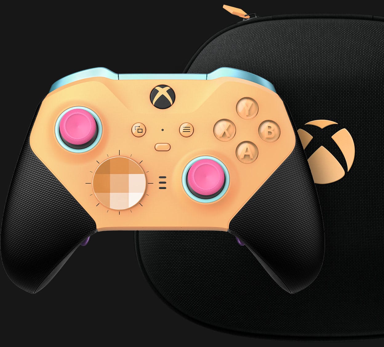An orange and pink Xbox Elite Series 2 Core controller in front of its carrying case