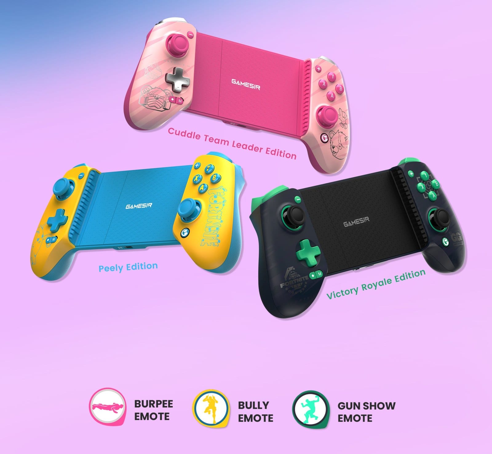 The Cuddle Team Leader, Peely and Victory Royale editions of the GameSir G8 Plus, above the Burpee, Bully and Gun Show emote icons