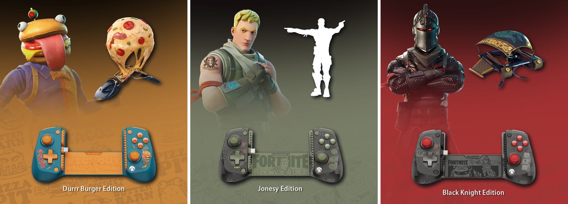 Three X5 Lite for XBOX Fortnite Editions, each shown with its character and bonus item: Durrr Burger with the Extra Cheese Glider, Jonesy with the On Your Mark emote and Black Knight with the Storm Sigil Glider