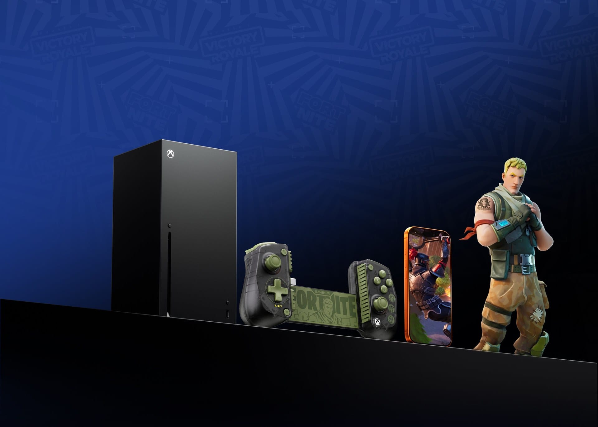 An Xbox Series X, the Jonesy edition of the GameSir X5 Lite for XBOX and a phone running Fortnite, next to the Jonesy character