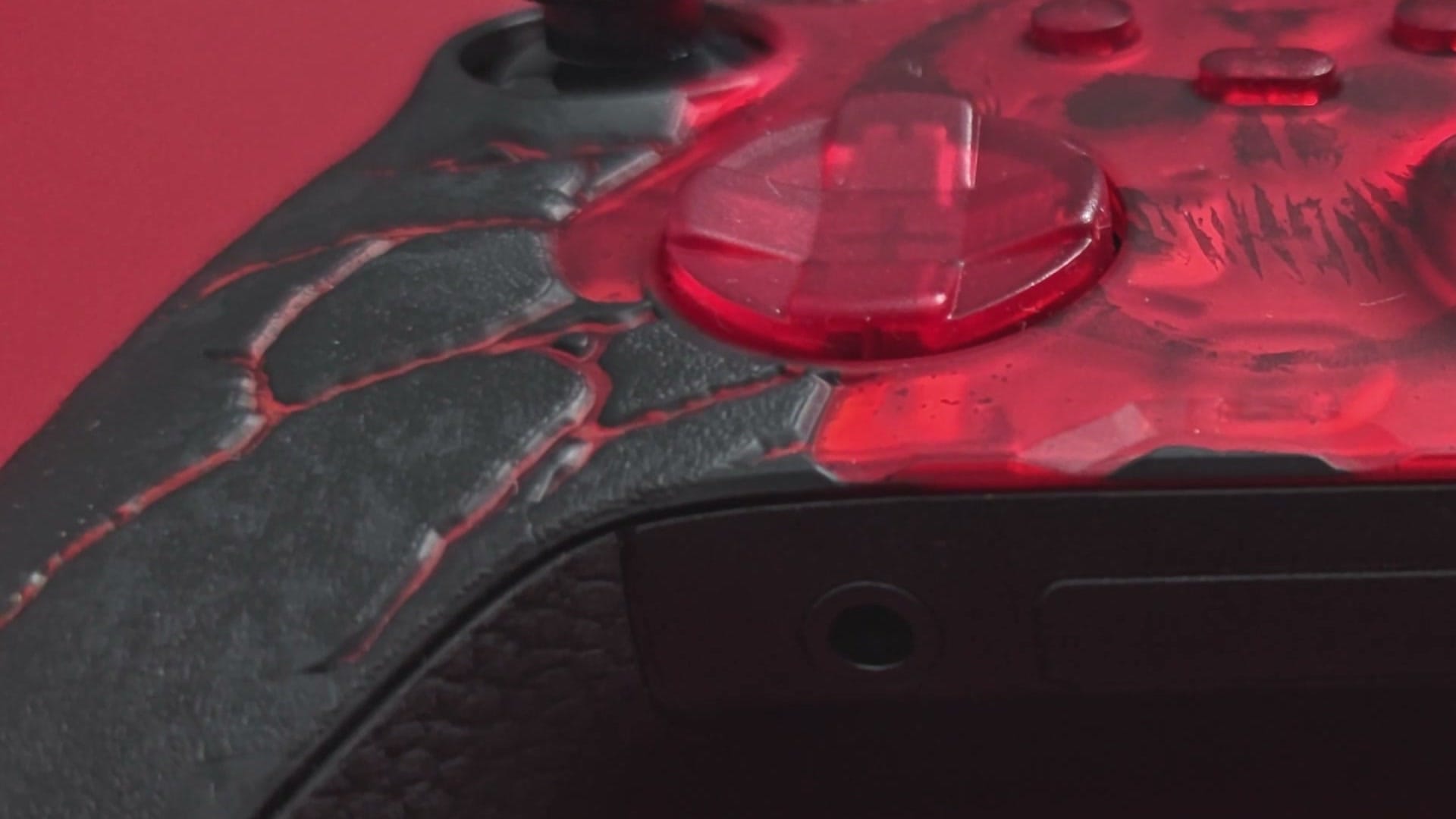 Macro view of the raised cracked texture on the controller grip