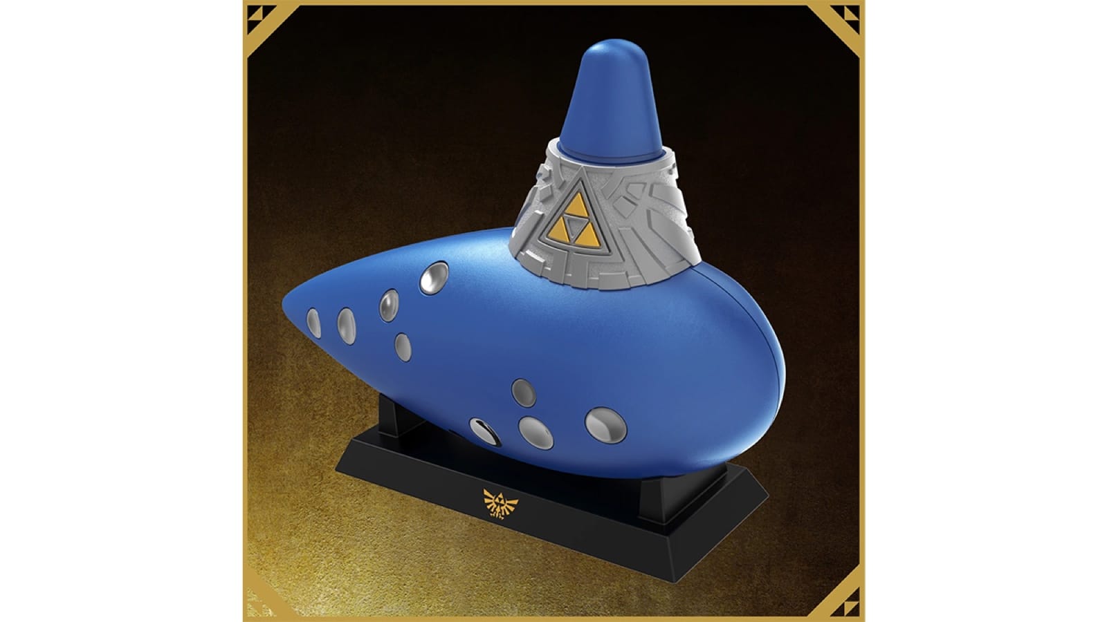 HORI's blue Electric Ocarina of Time on its display stand