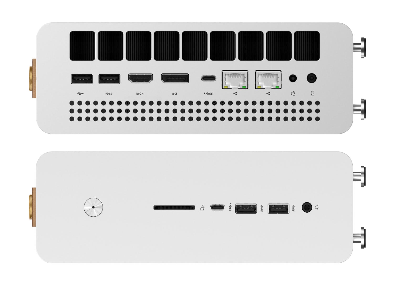 Rear and front views of the white iBuyPower Pro AMD AI Halo Mini PC showing USB, HDMI, DisplayPort and two Ethernet ports