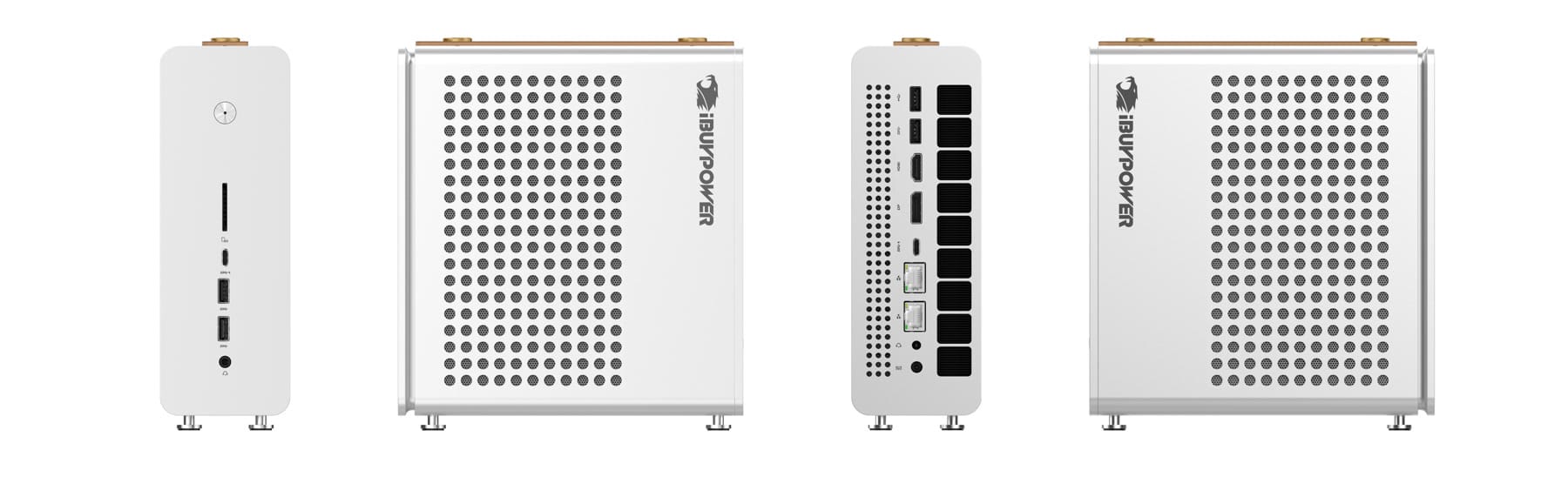 Front, side and rear views of the white iBuyPower Pro AMD AI Halo Mini PC