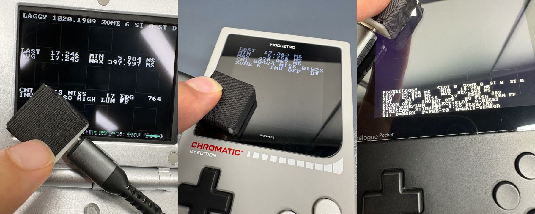 A lag tester held against the screens of the FPGBA SP prototype, a ModRetro Chromatic and an Analogue Pocket