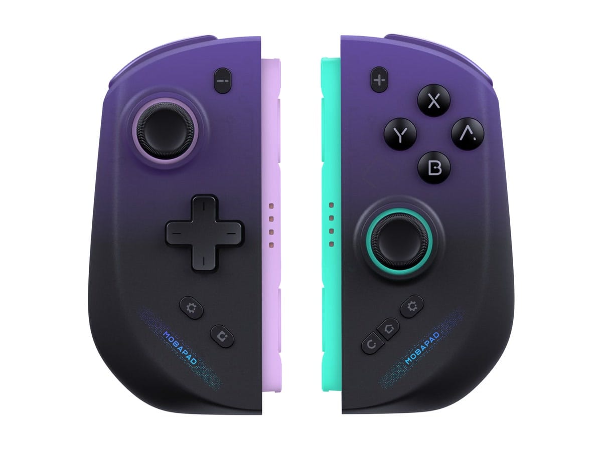 Front view of the purple and charcoal Mobapad M12 Pro controllers with lilac and mint rails