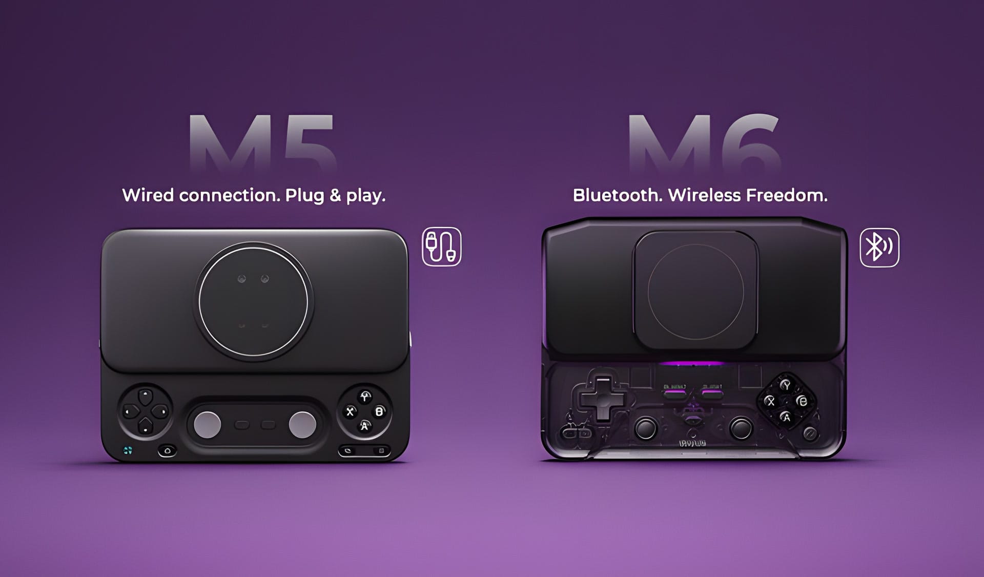Renders of the abxylute M5, wired, and M6, Bluetooth, side by side