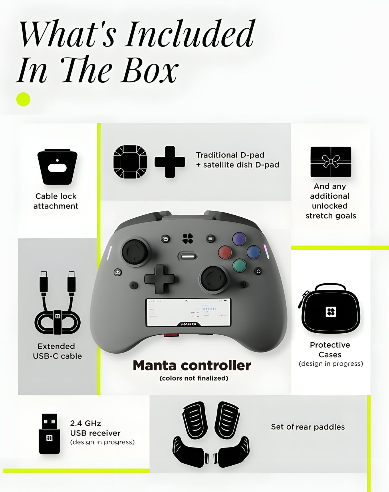 Genki graphic showing what comes in the Manta box, including both D-pads, the receiver, cable, paddles and a case