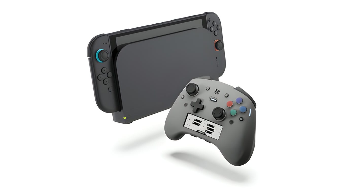 Genki Manta controller in front of a Nintendo Switch 2 on its stand