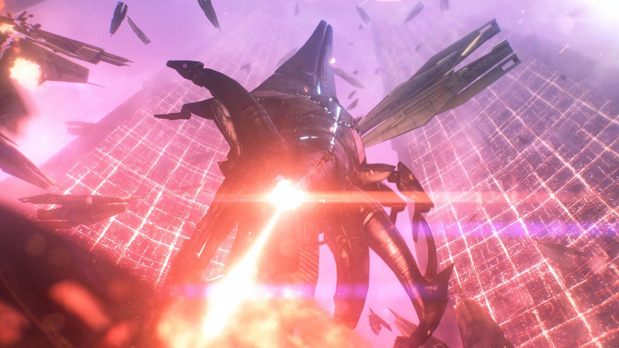 A scene from Mass Effect Legendary Edition: the Reaper Sovereign attacking the Citadel