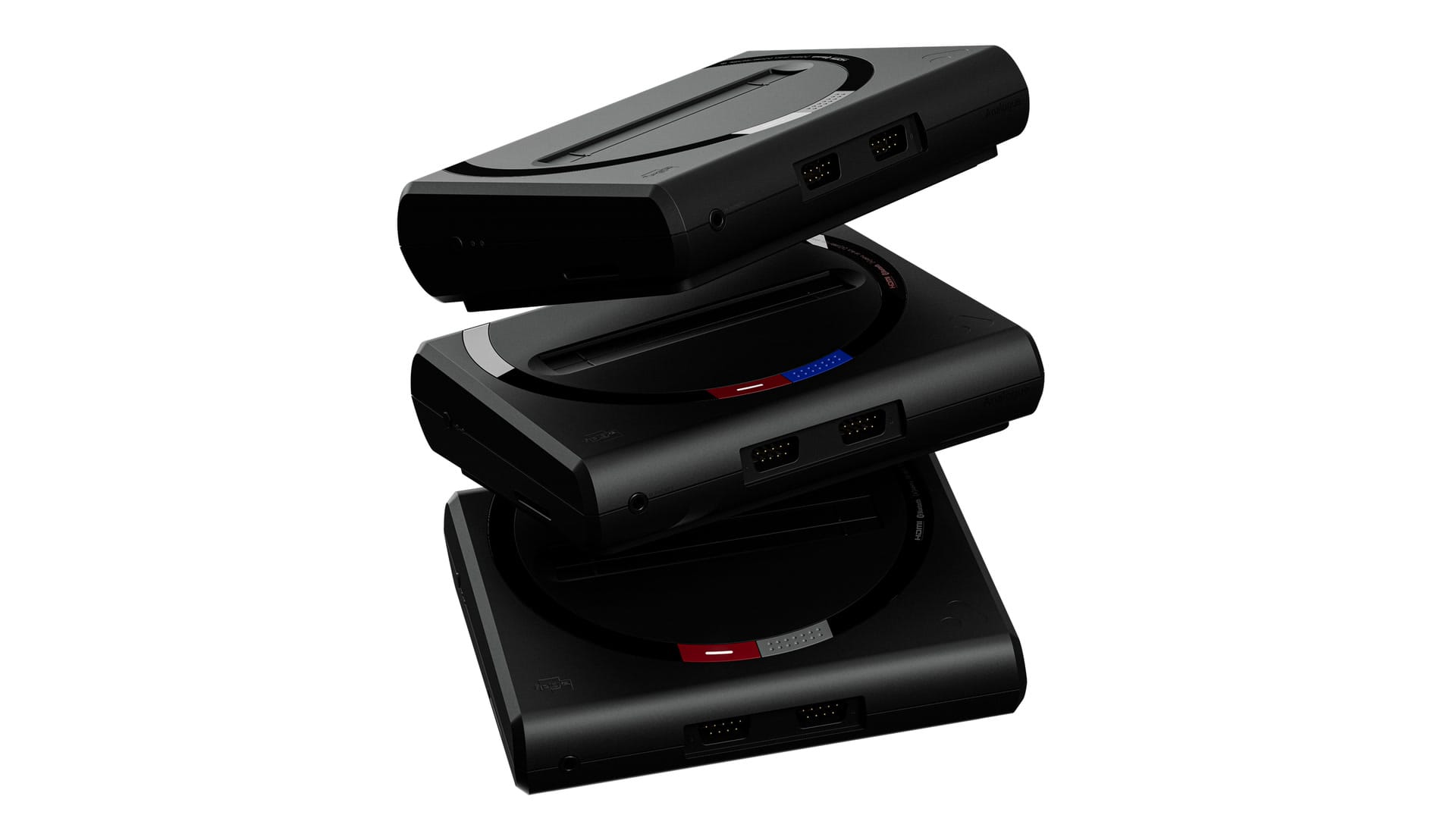 Three black Mega Sg+ consoles stacked, with different coloured accents on top