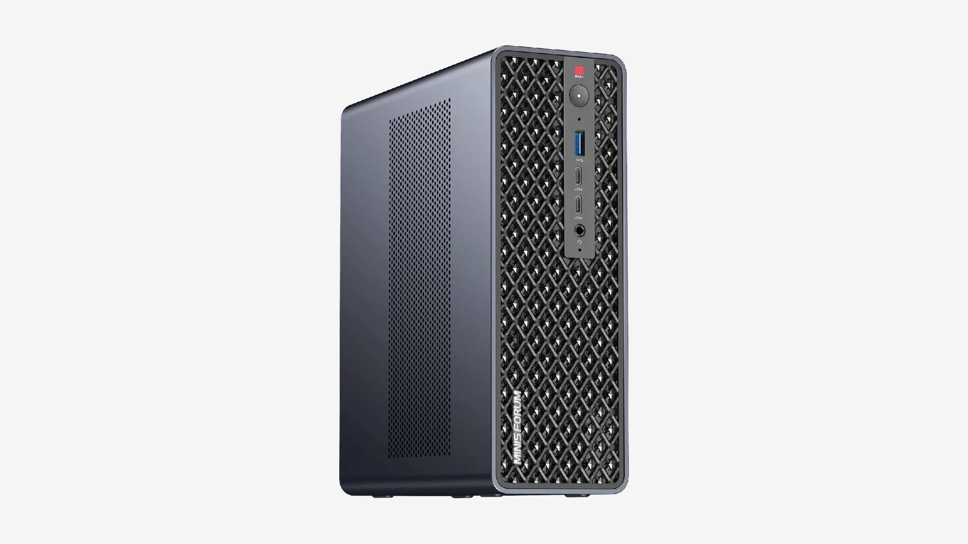 Minisforum MS-S1 MAX mini workstation seen from the front at an angle