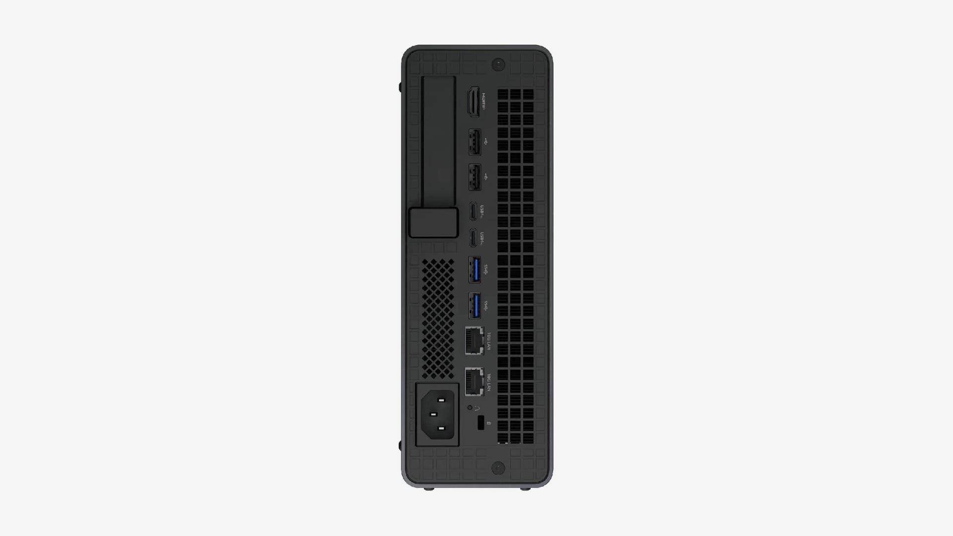 Rear panel of the Minisforum MS-S1 MAX with two Ethernet ports, USB and HDMI