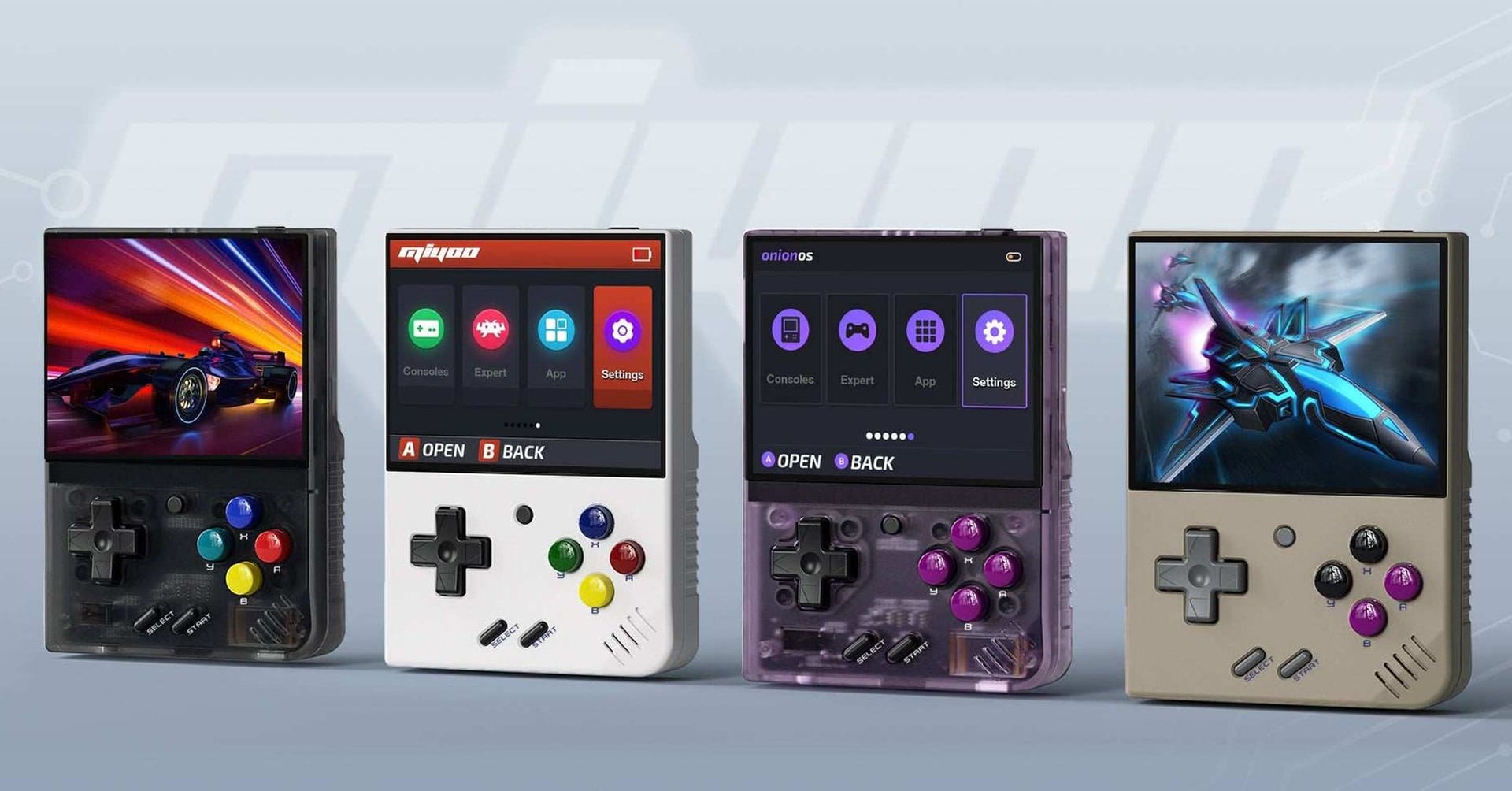 The Miyoo Mini Plus in black, white, purple and grey