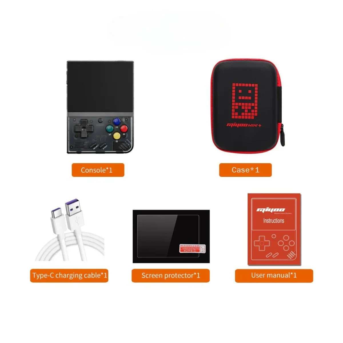 Miyoo Mini Plus box contents: console, case, USB-C cable, screen protector and manual