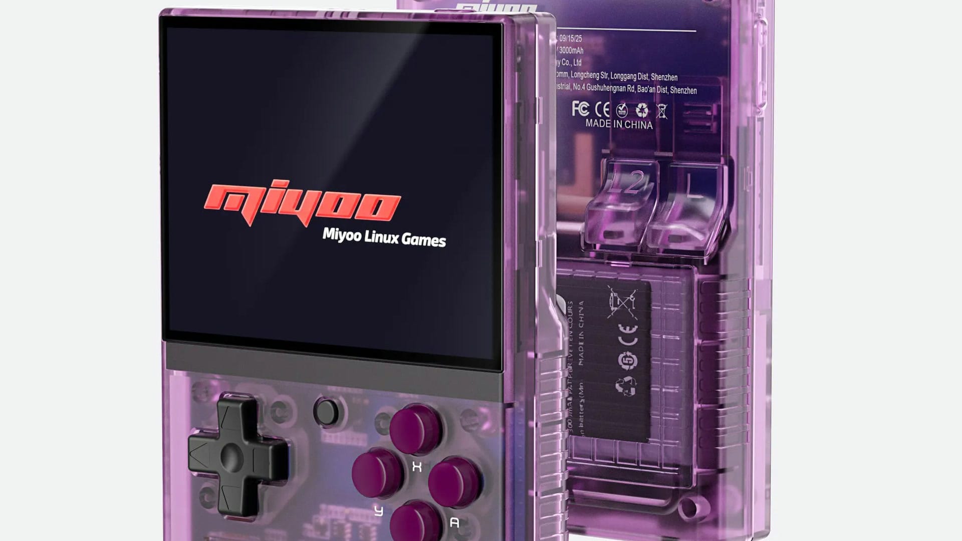 Miyoo Mini Plus in transparent purple, front and back