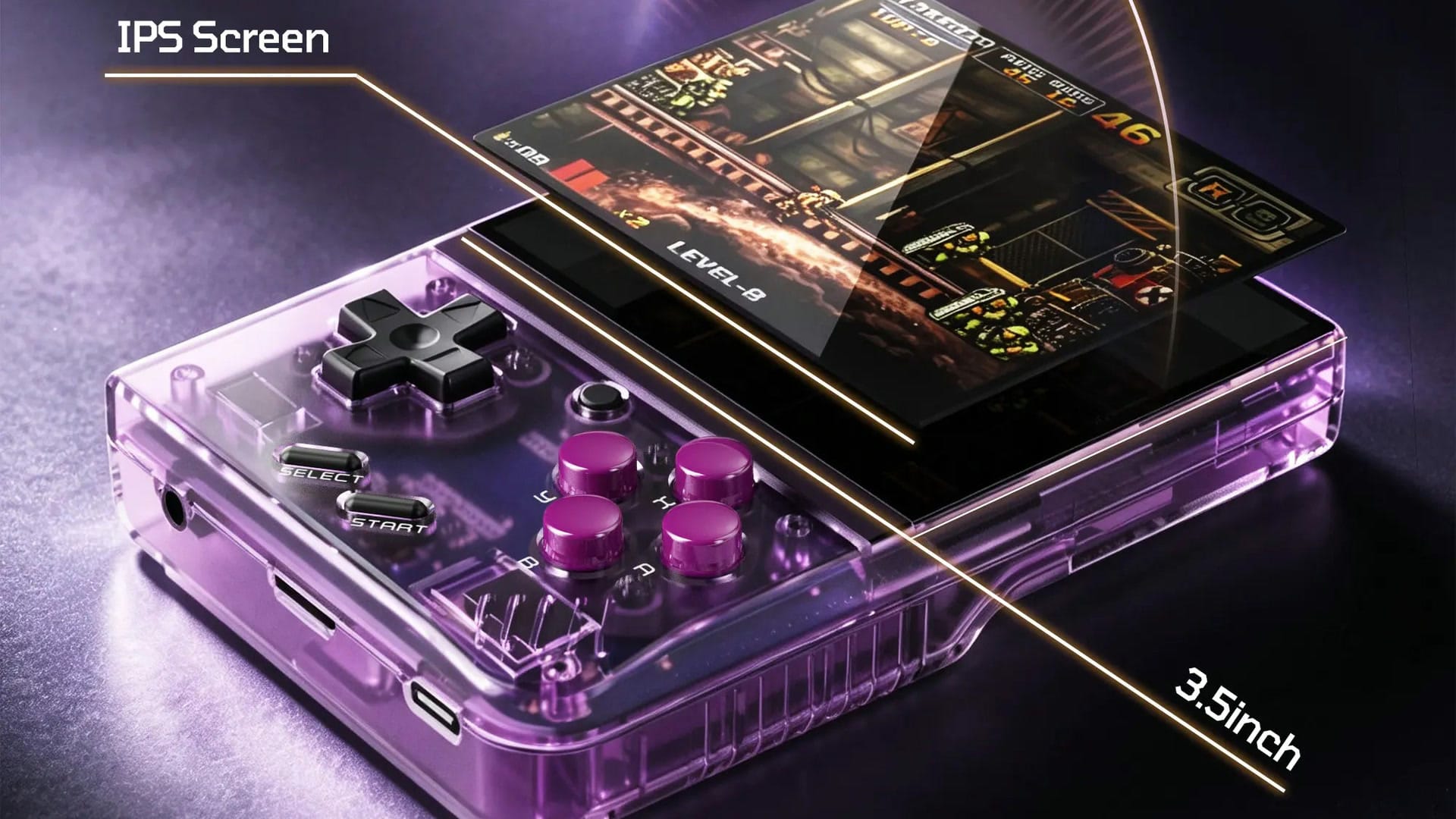 Miyoo Mini Plus screen graphic showing a game on the 3.5-inch IPS display