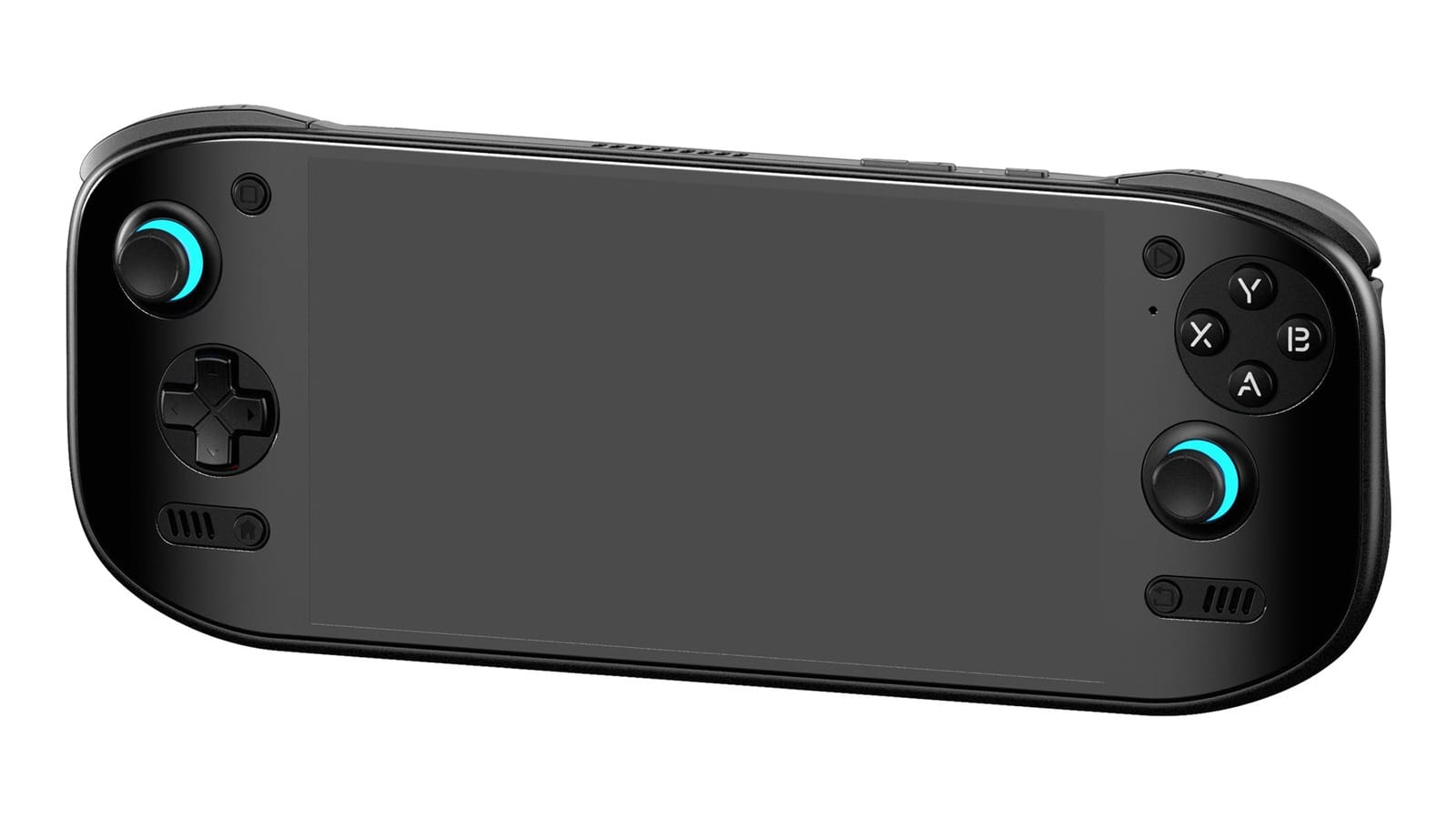 The black AYN Odin 2 Portal seen from the front, with light rings around both sticks