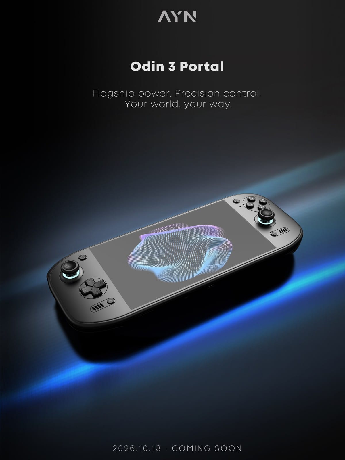 AYN teaser image for the Odin 3 Portal, showing the black handheld with the tagline Flagship power, Precision control, Your world, your way