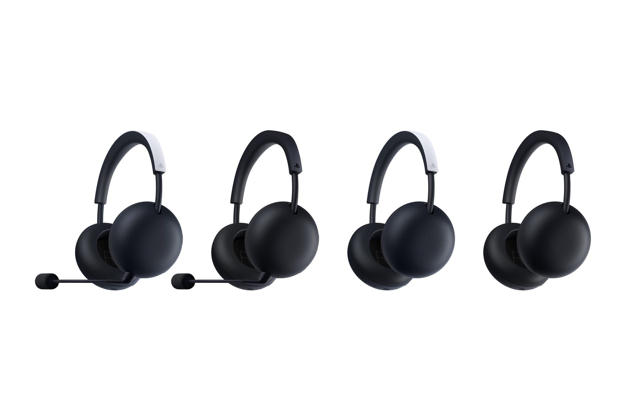 Four headsets in a row: the Pulse Edge with a boom mic in white and black, then the Pulse in white and black