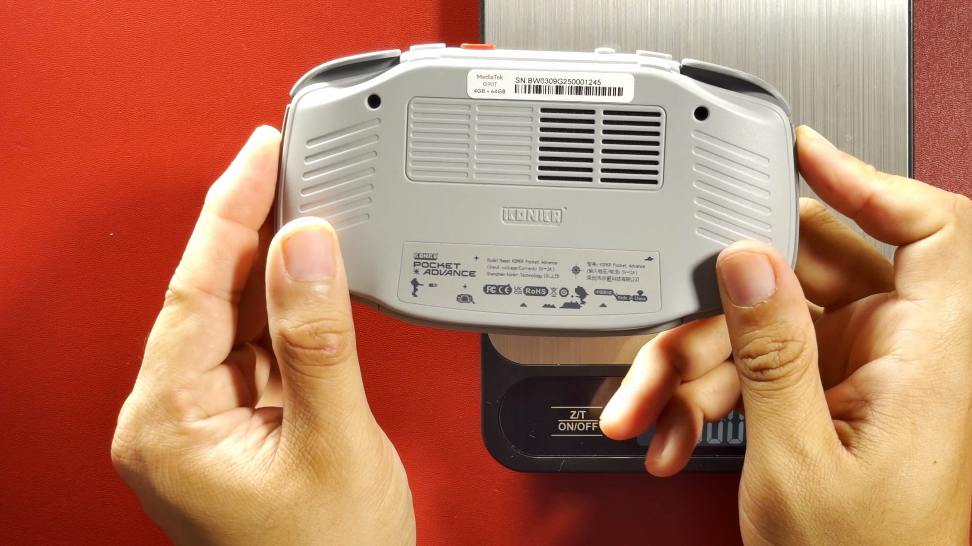 The back of the KONKR Pocket Advance, with its large vent grille and product label