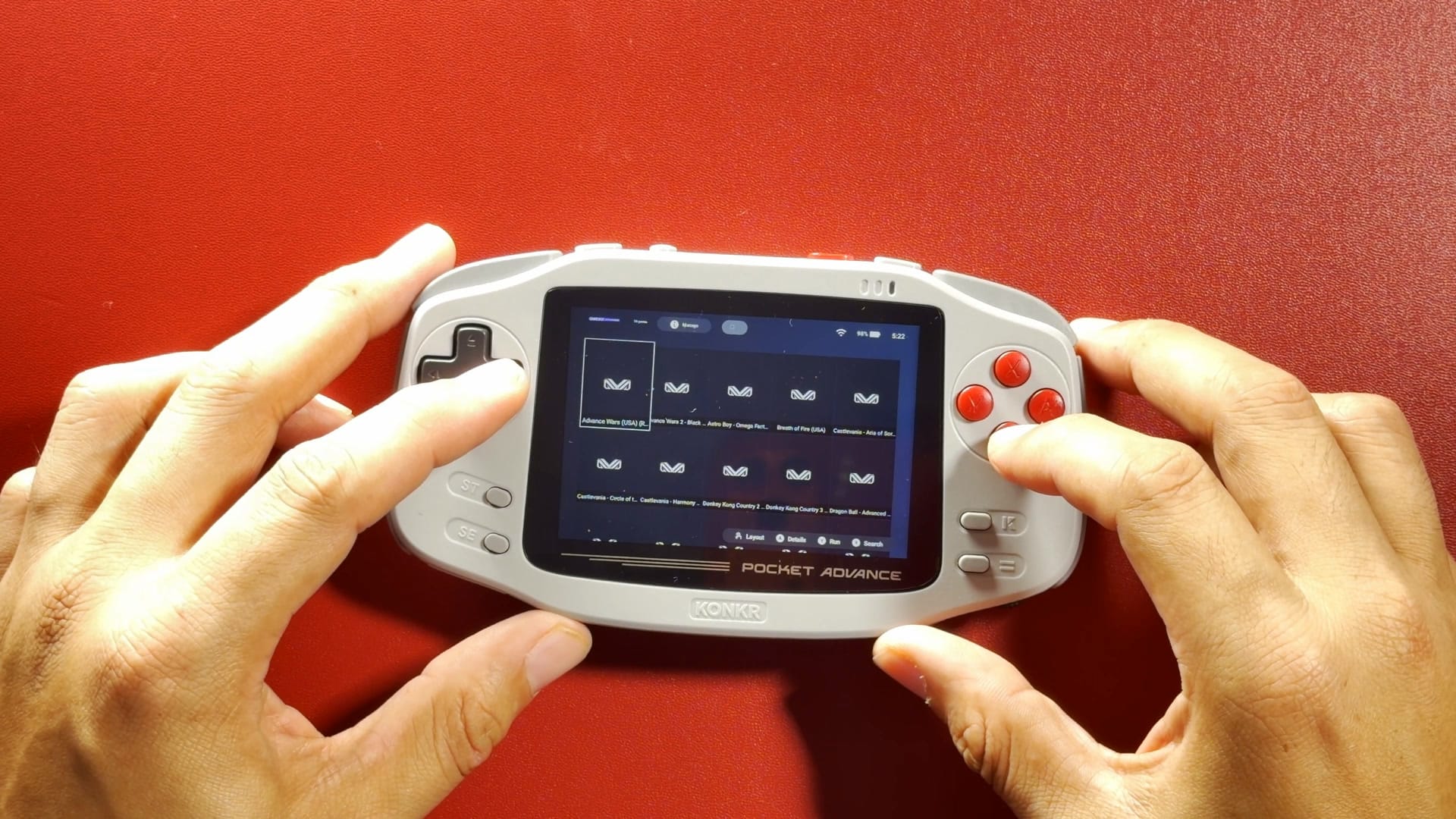 The AYASpace game library on the KONKR Pocket Advance, showing Game Boy Advance titles without artwork