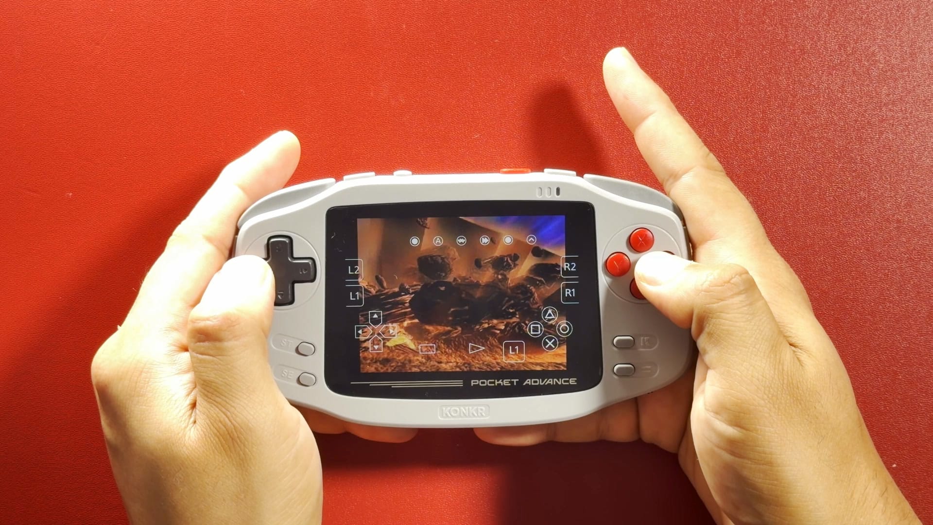 A PlayStation game running on the KONKR Pocket Advance screen