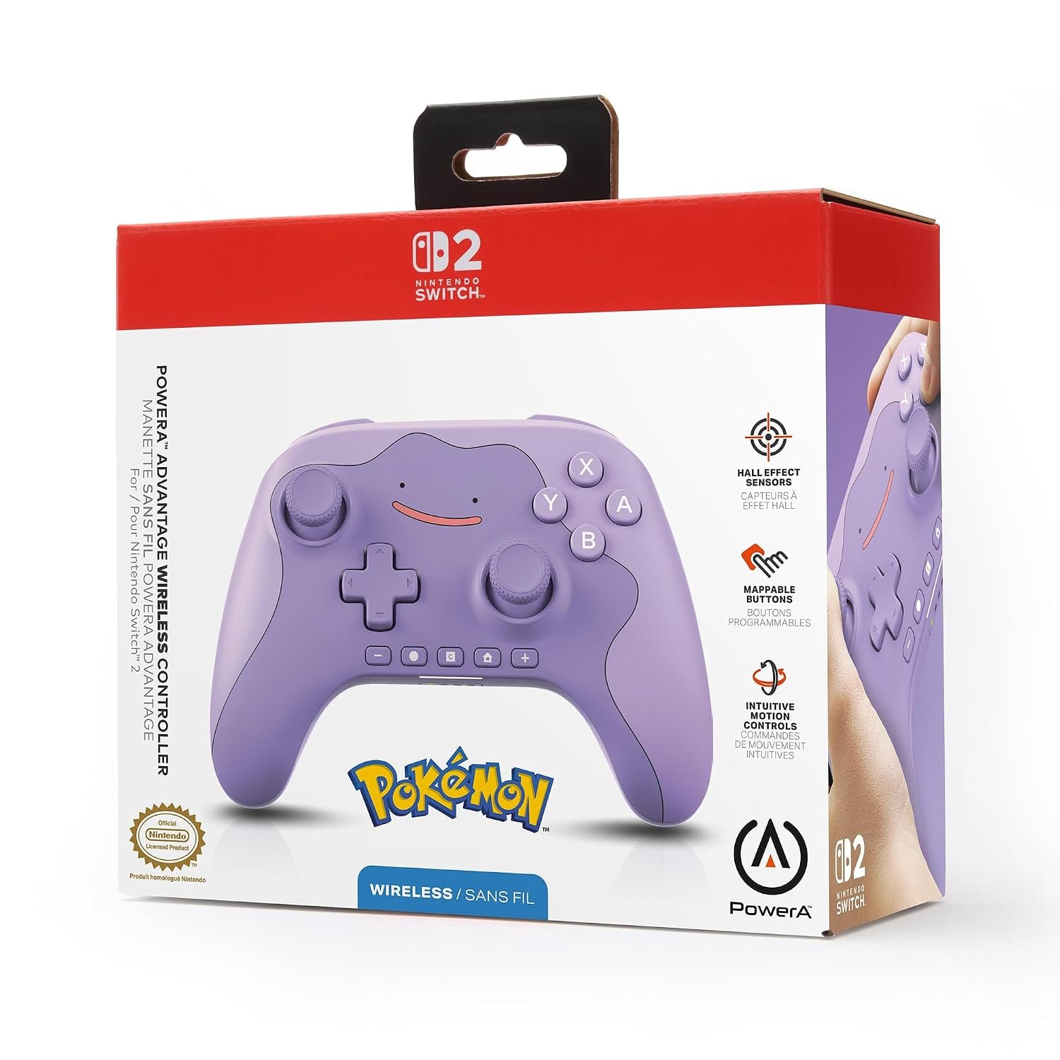 The Pokémon Ditto edition of the PowerA Advantage Wireless Controller in its Nintendo Switch 2 retail box