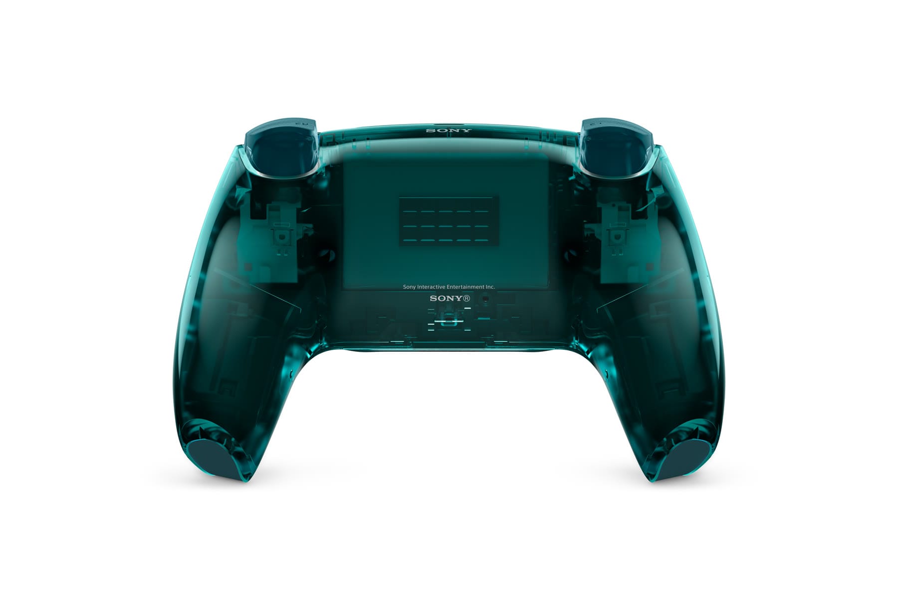 The back of the Emerald Green Prism DualSense, with the internal parts visible through the clear shell