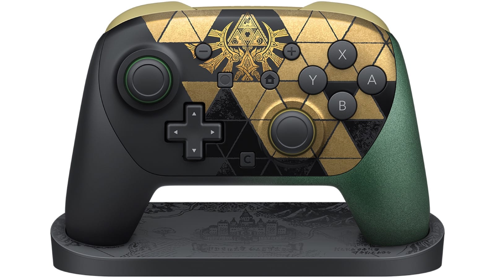 The Zelda 40th Anniversary Pro Controller on its Hyrule-map display stand