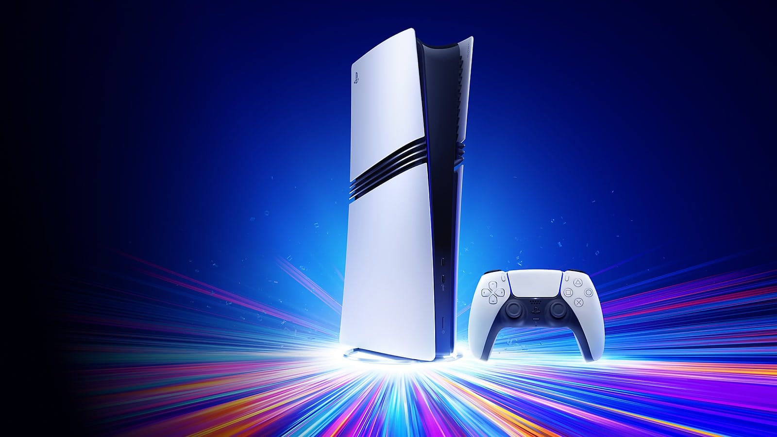 A white PS5 Pro standing upright next to a DualSense controller, on a blue background with streaks of coloured light