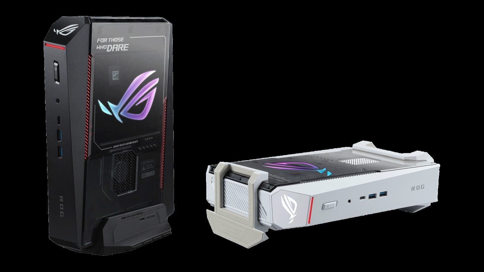 Black ASUS ROG NUC 16 standing upright next to a white ROG NUC 16 lying flat on its stand