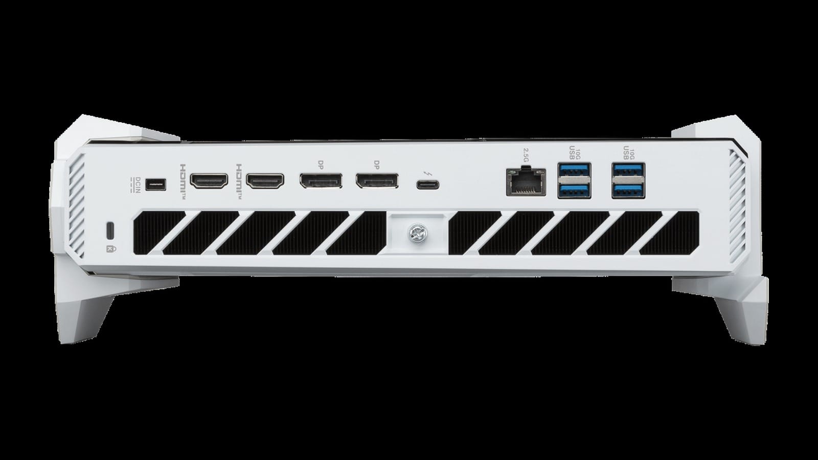 Rear panel of the white ASUS ROG NUC 16 with DC input, two HDMI, two DisplayPort, Thunderbolt 4, 2.5G Ethernet and four USB-A ports