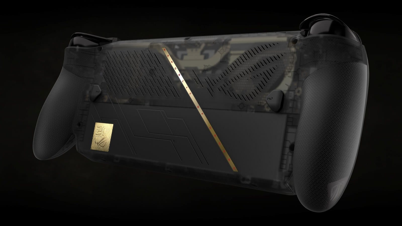 Rear view of the ROG Xbox Ally X20 showing the translucent black shell, a gold stripe and the gold 20th anniversary badge