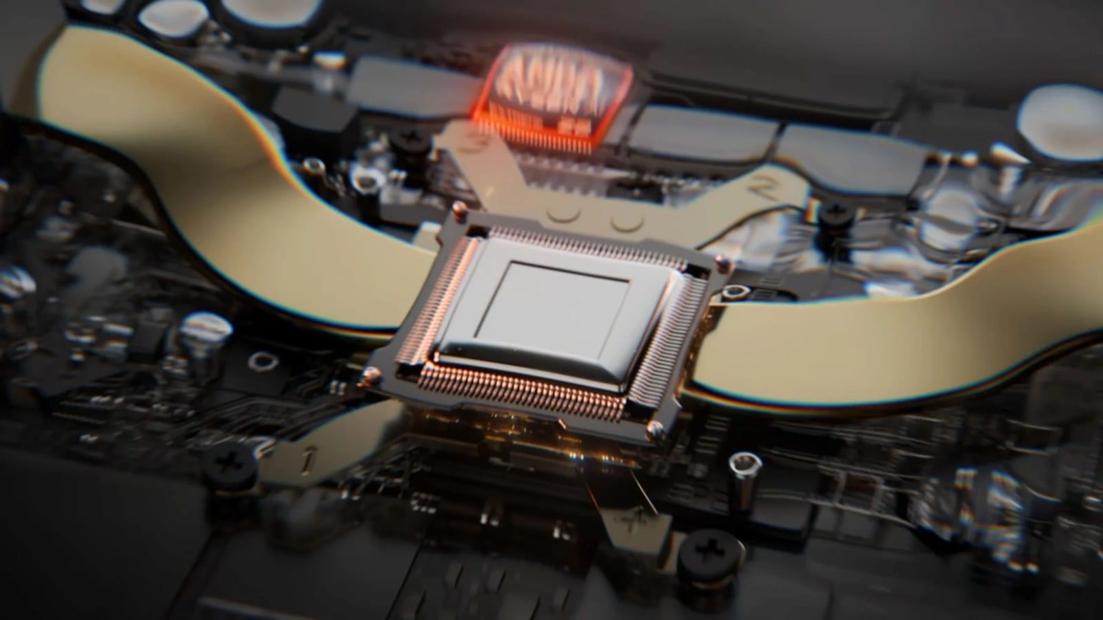 Render of the AMD processor inside the ROG Xbox Ally X20 with gold cooling parts around it
