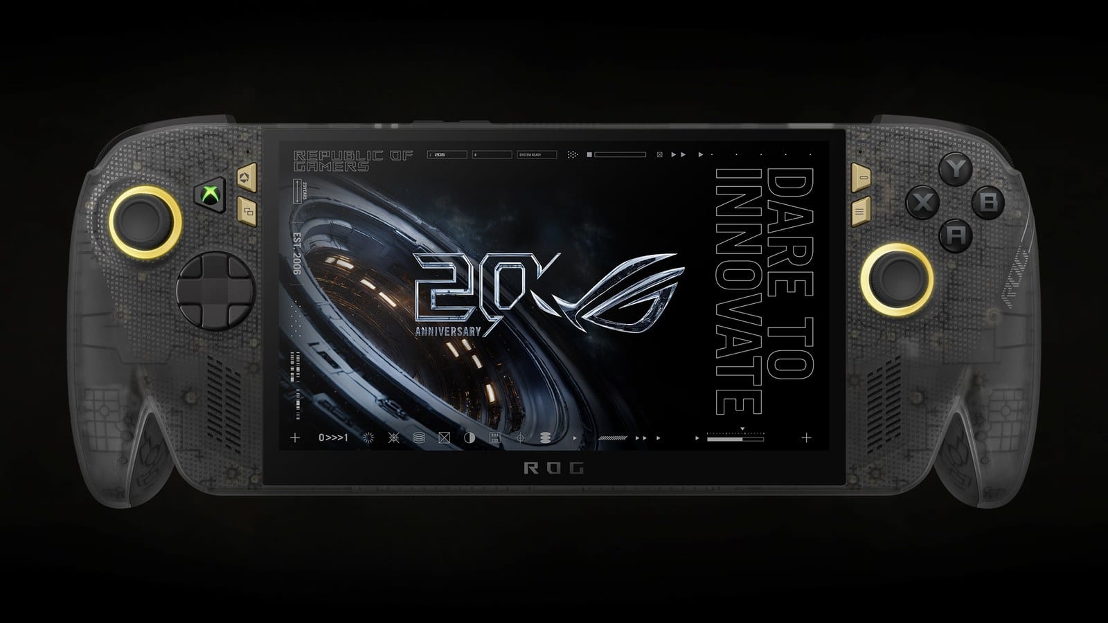 Front view of the ROG Xbox Ally X20 in translucent black with gold-ringed sticks and a 20th anniversary logo on its screen