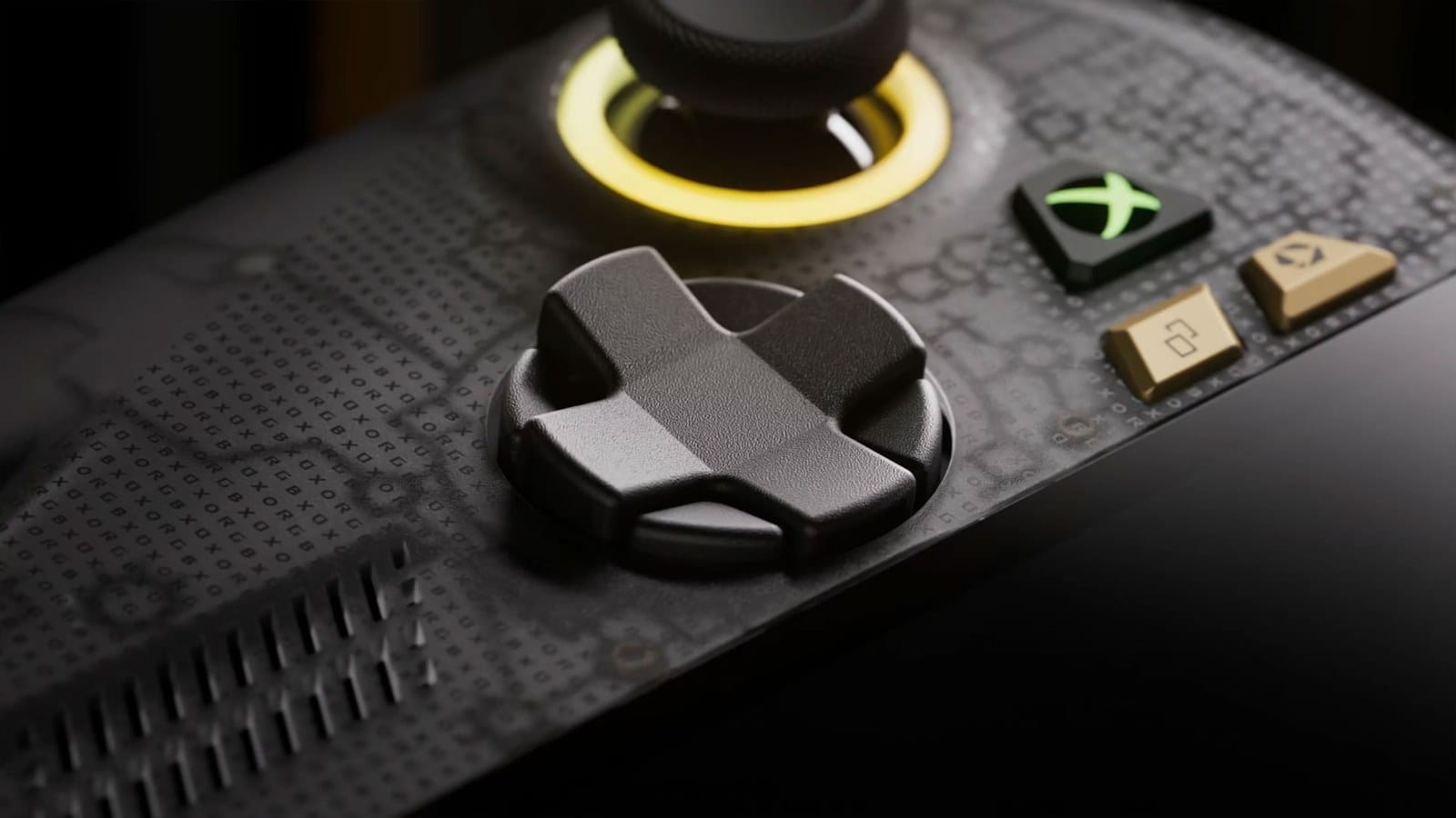 Close-up of the ROG Xbox Ally X20 transforming D-pad below a gold-ringed stick and the green Xbox button