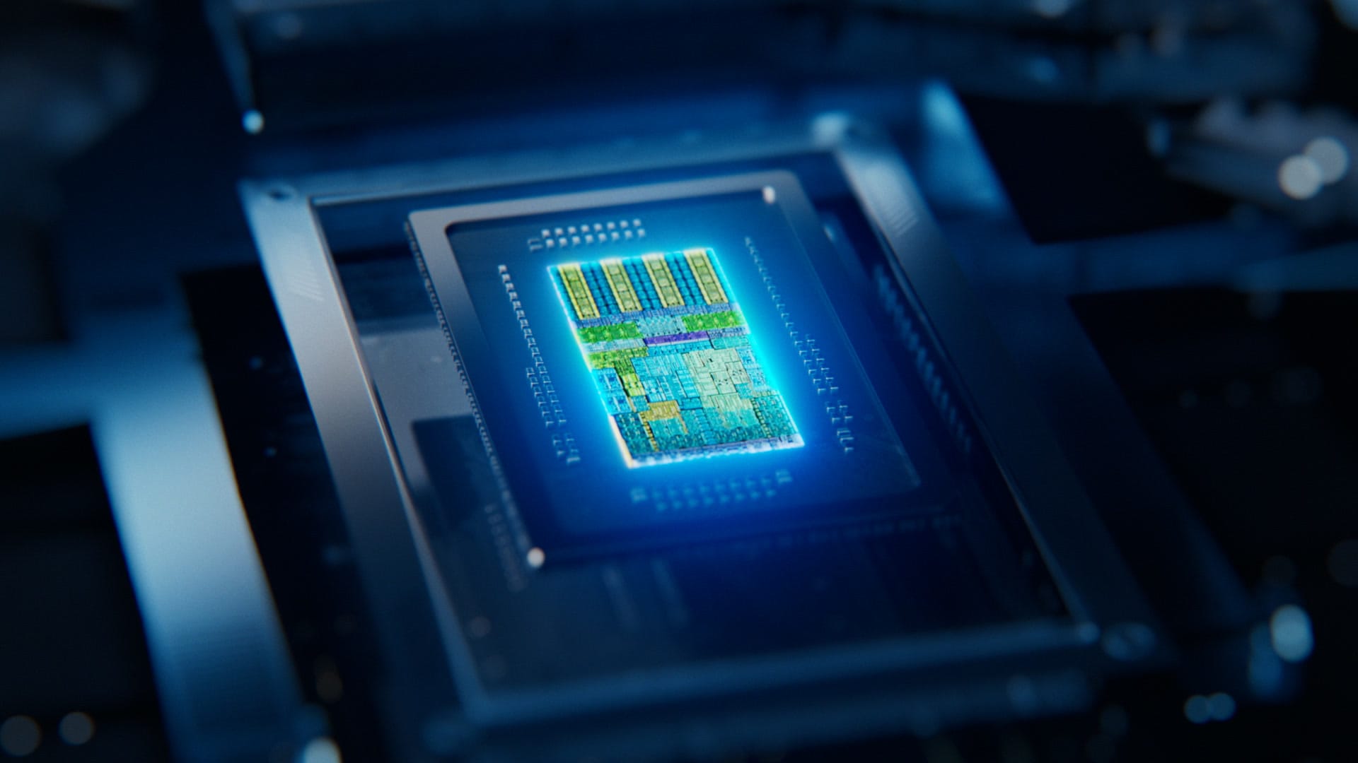 Render of the Nvidia N1X chip glowing blue on a circuit board