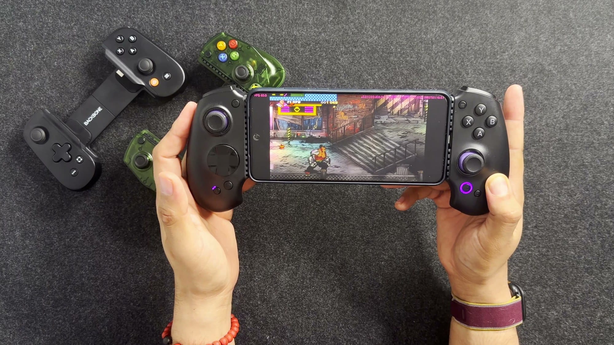 Streets of Rage 4 running on an Android phone clamped in the abxylute S9