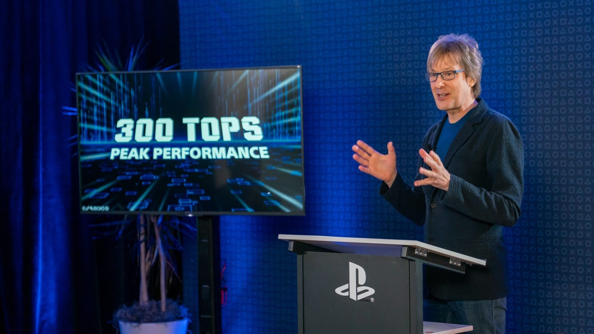 Mark Cerny presenting a 300 TOPS performance slide at the PS5 Pro Technical Seminar