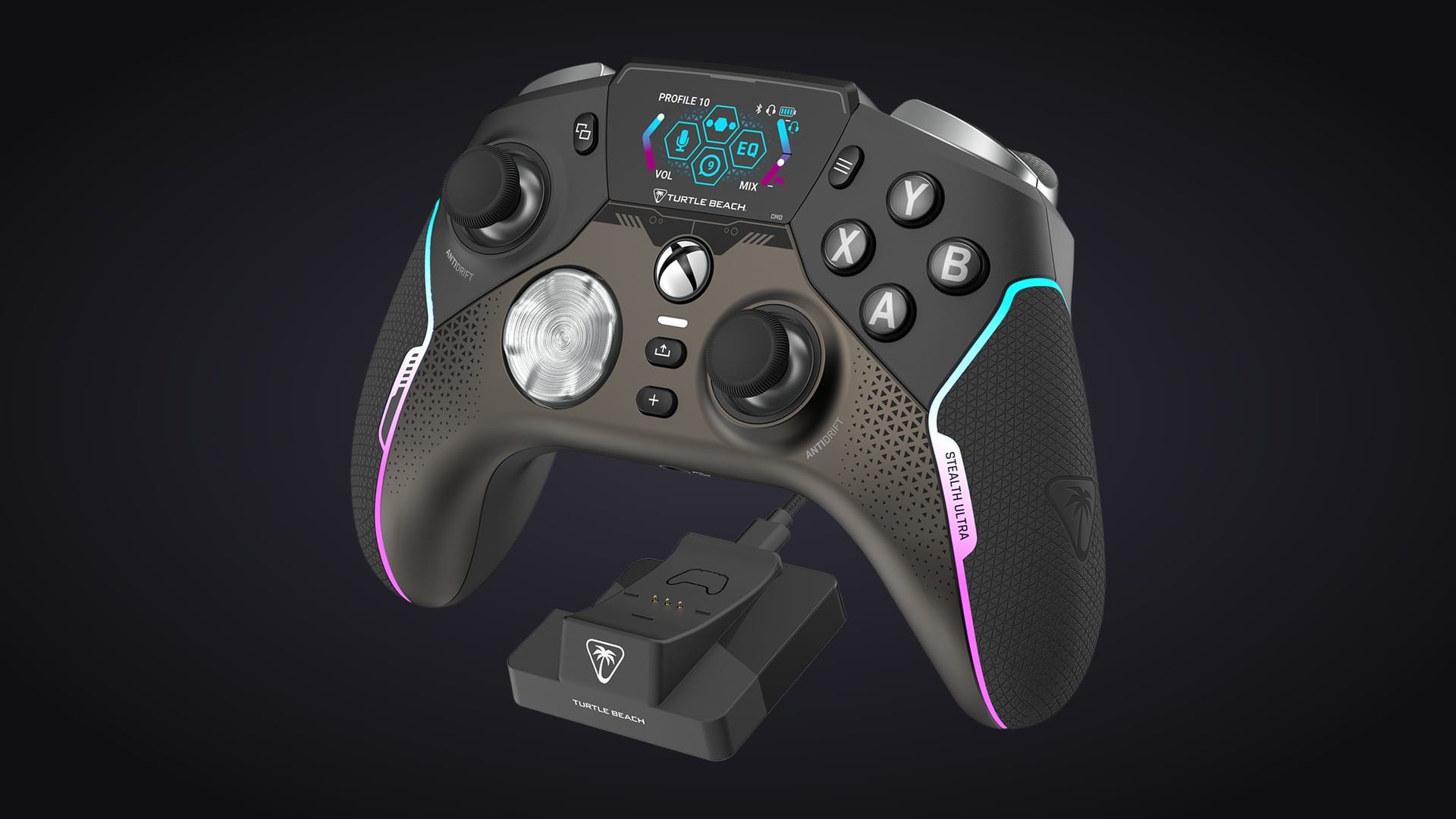 The original Turtle Beach Stealth Ultra controller with its smaller screen, above its charge dock