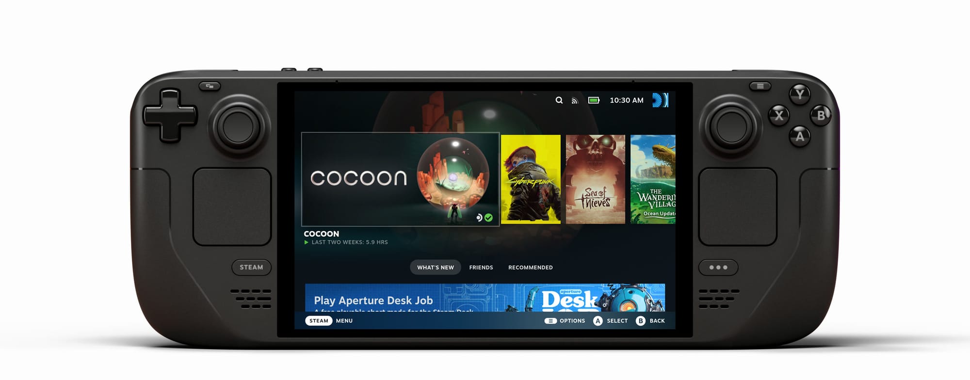 Front view of the Steam Deck OLED with the SteamOS home screen on its display