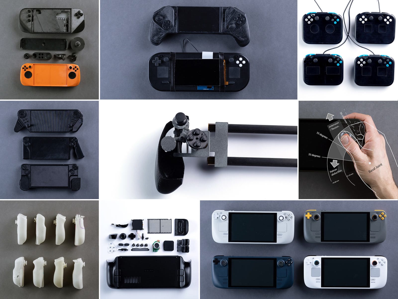 A grid of Steam Deck prototypes in different shapes and colours, from Valve’s press kit