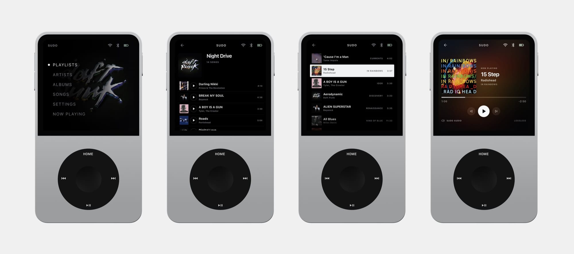 Four renders of the Sudo music player showing its menu, playlist, song list and now playing screens