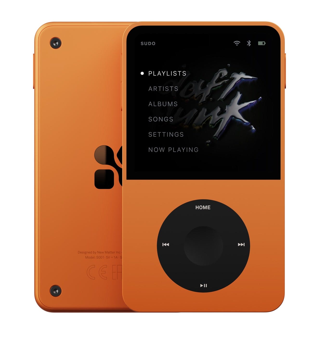 Render of an orange Sudo music player, front and back, with a black wheel and a menu on screen
