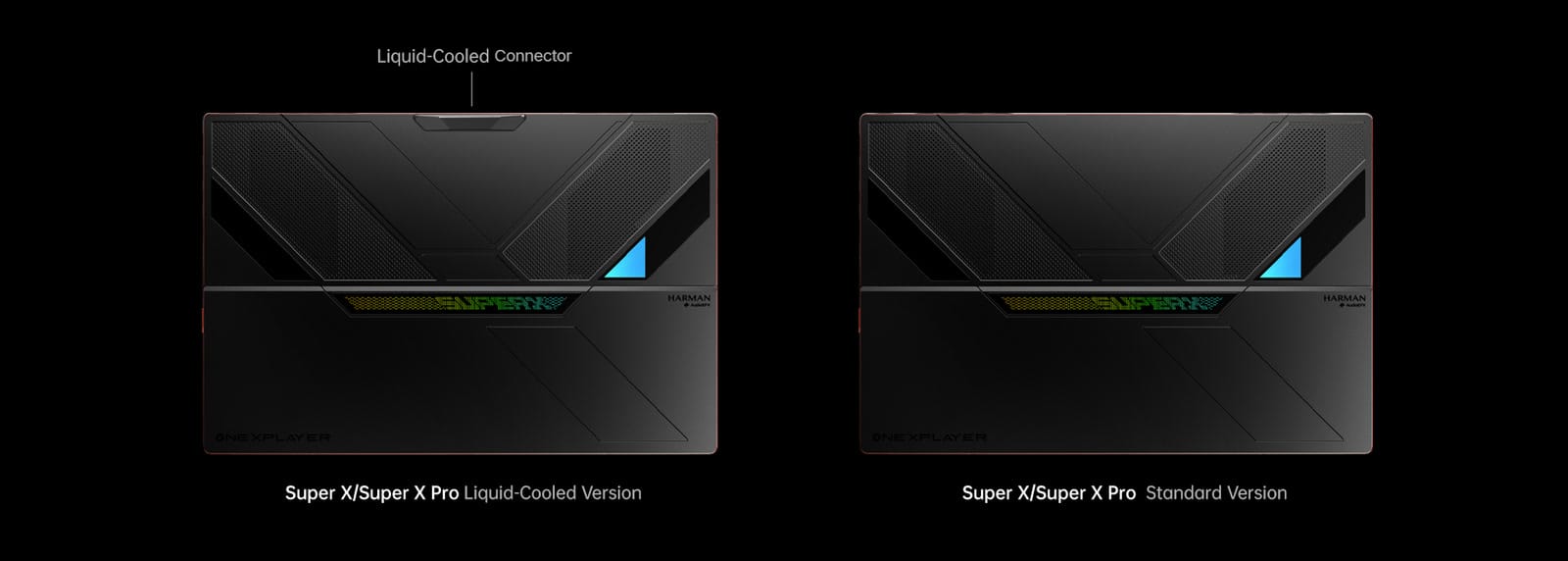 OneXPlayer graphic comparing the backs of the liquid-cooled and standard Super X versions, showing the cooling connector
