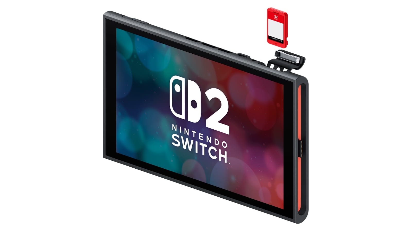 Nintendo Switch 2 handheld, front view with the Joy-Con 2 controllers attached