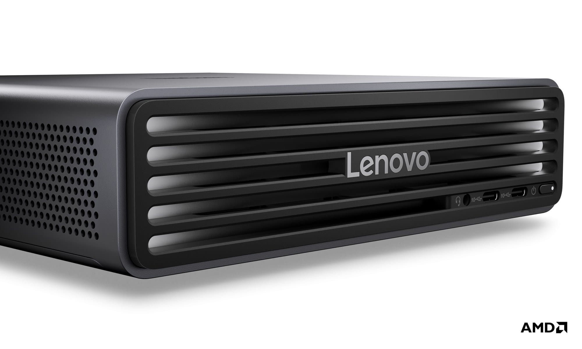 The front of the ThinkCentre X Ultra with its slotted light bar, two USB-C ports and a headset jack