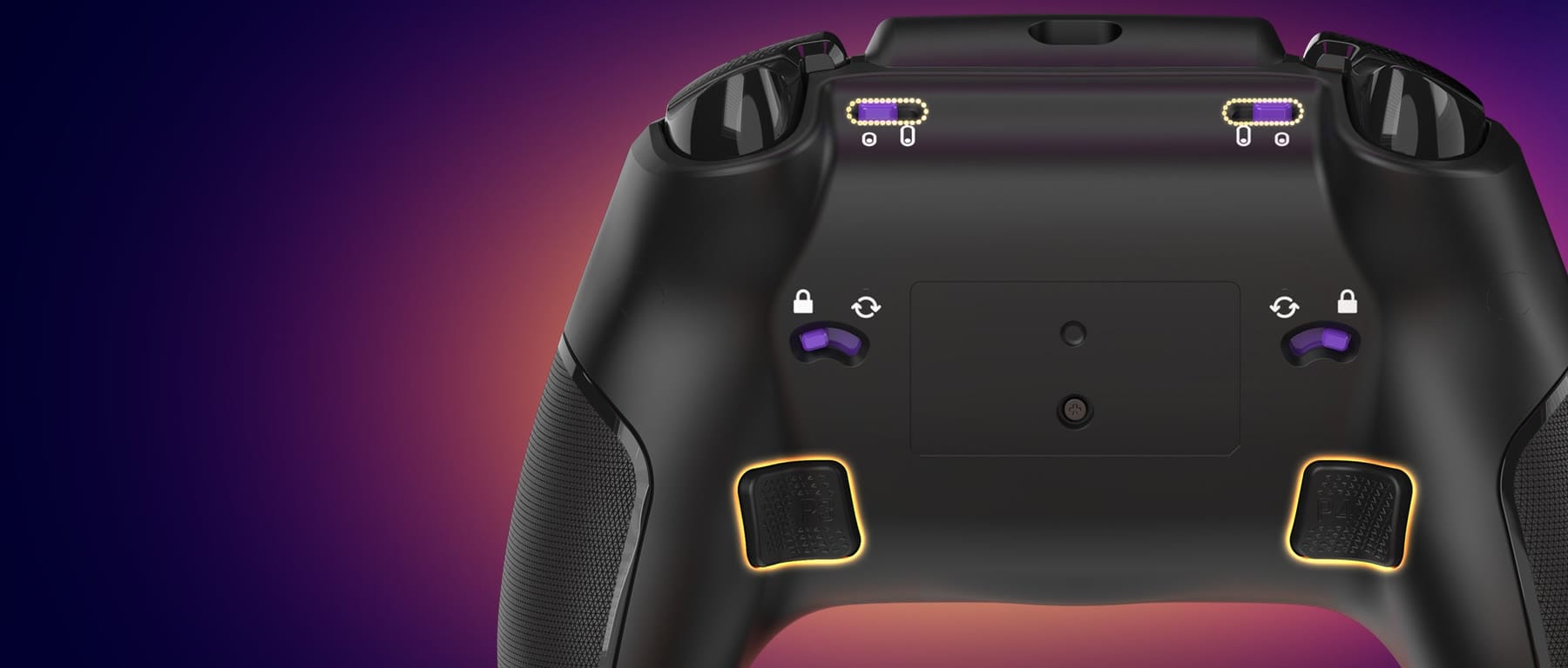 The back of the Turtle Beach Stealth Flip with its two back buttons, trigger stop switches and module sliders highlighted
